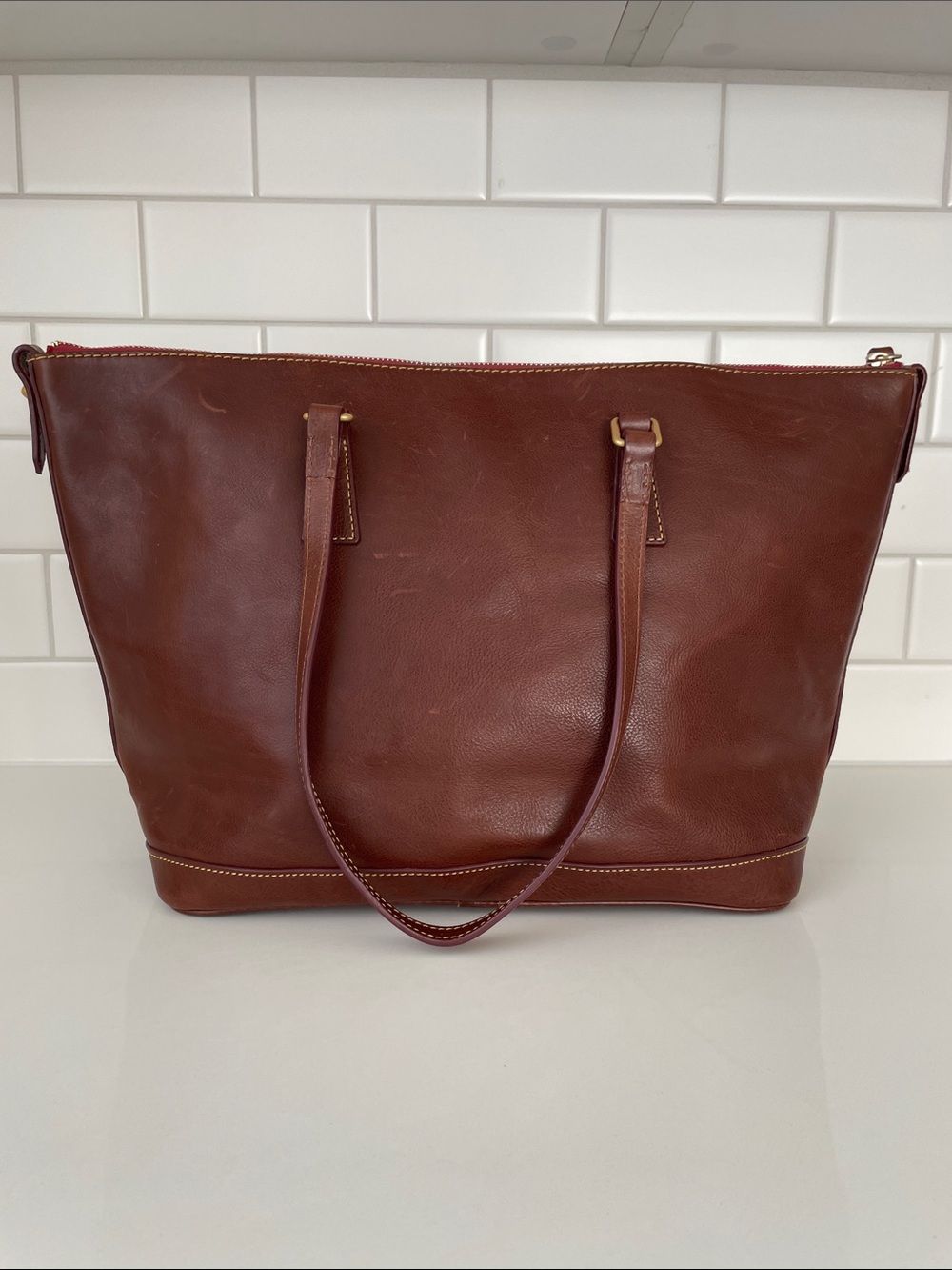 Dooney & Bourke Chestnut Brown Florentine Leather Zip-Top Large Tote - Picture 7 of 16